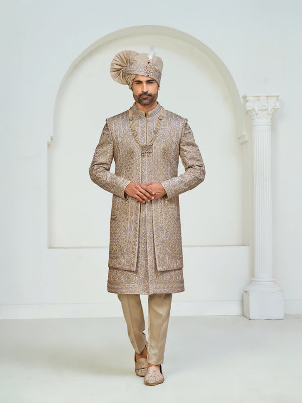 Premium Beige Embroidered Sherwani Set for Men