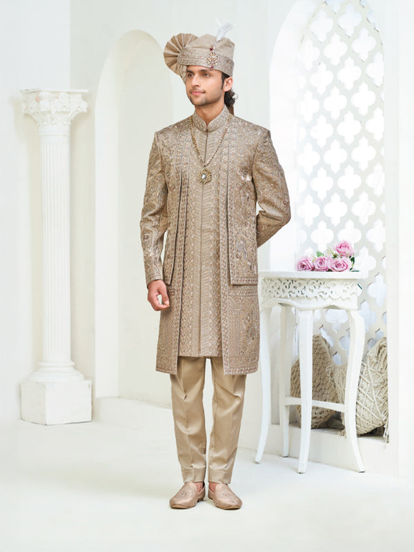 Designer Beige and Brown Embroidered Sherwani Ensemble for Men