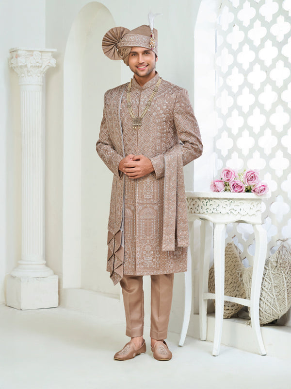 Regal Golden Brown Handcrafted Sherwani Set