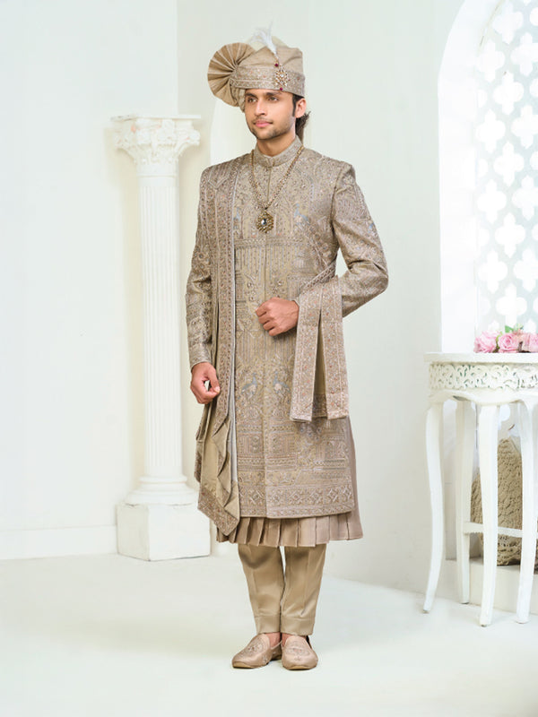 Elegant Brown Sherwani Set for Groom with Regal Embroidery