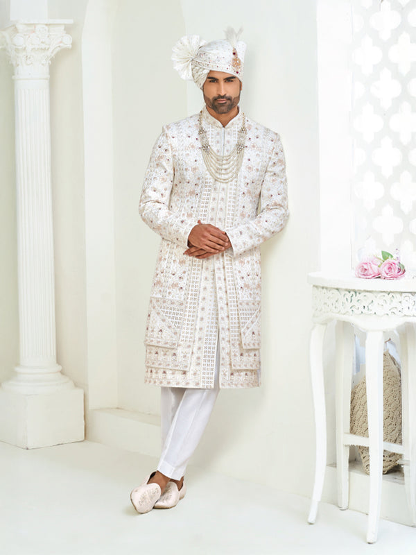 Designer Royal White Groom Sherwani Set for Indian Wedding Outfit