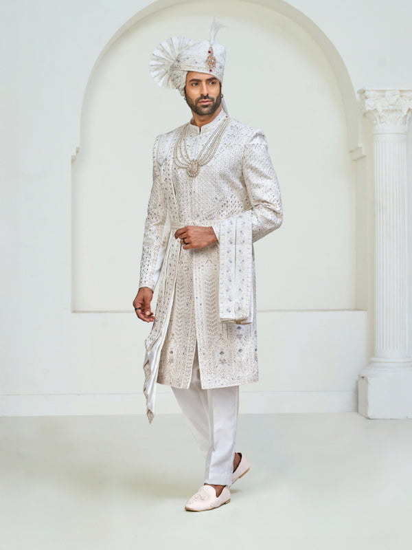 Luxurious Ivory White Groom Sherwani with Detailed Embroidery and Accessories