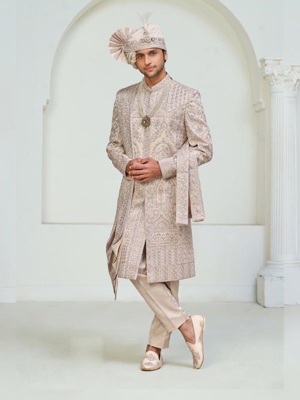 Royal Beige Heavy Embroidered Groom Sherwani Set