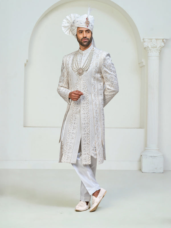 Ivory Hand-Embroidered Groom Sherwani with Dupatta & Turban