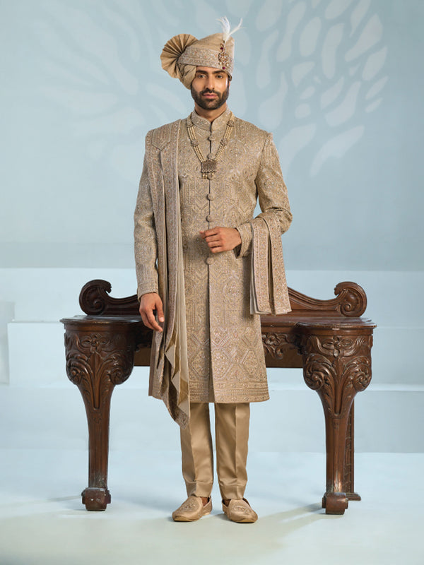 Royal Dusty Gold Achkan-Style Groom Sherwani