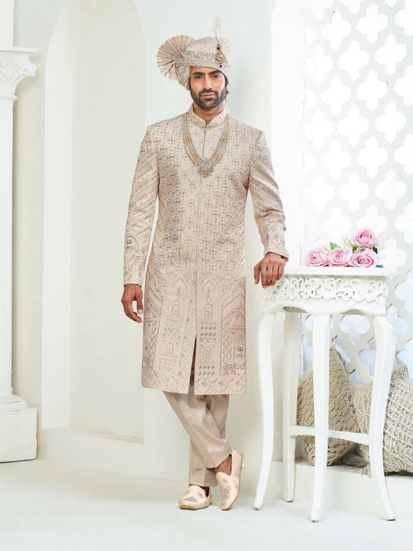 Soft Peach Hand-Embroidered Sherwani for Wedding Ceremonies