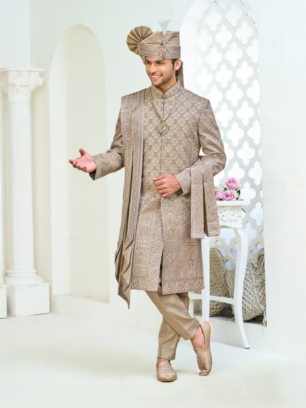 Brown Wedding Sherwani for Groom with Complete Accessory Set