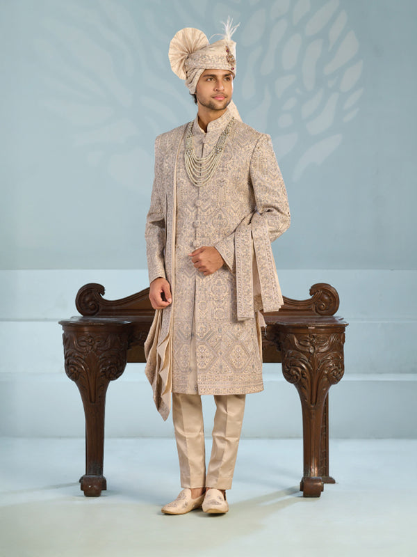 Majestic Beige Hand-Embroidered Sherwani for Groom