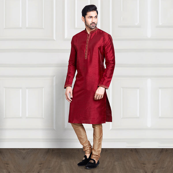 Maroon Raw Silk Kurta with Gold Churidar