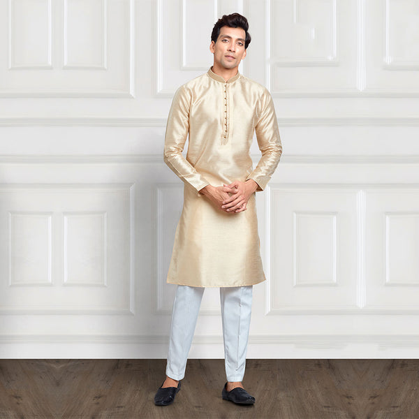 Plain gold and white kurta set for men