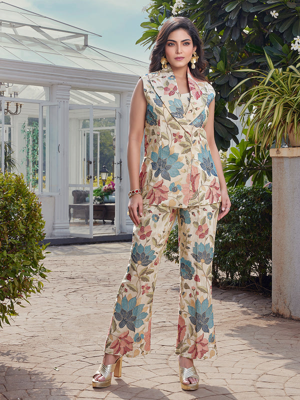 Ivory Botanical Brocade Pant Suit with Shawl Collar and Floral Embroidery