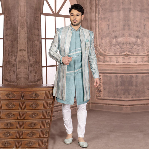 Elegance  Embroidered  Sky Blue Indowestern  for Men