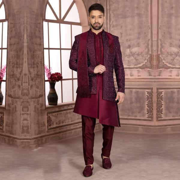 Unveiling Wine Embroidered Indowestern for Men