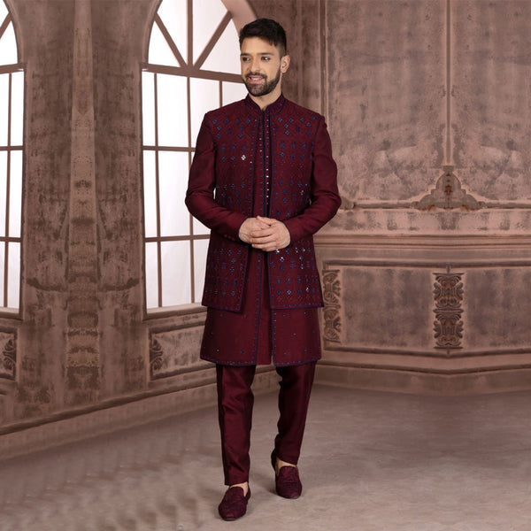 Dark Maroon Men Bliss Indowestern Set