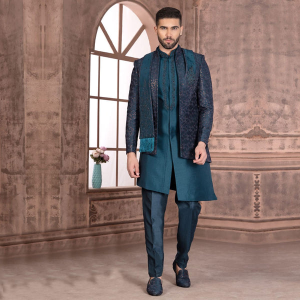 Modern Twist Teal Blue Jacket  Indowestern  for Men