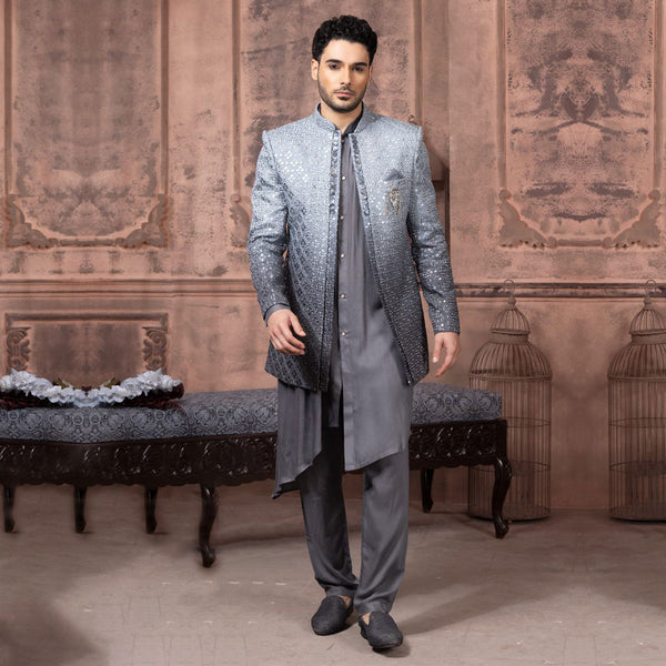 Slate  Ensemble Grey Shaded Indowestern  Set