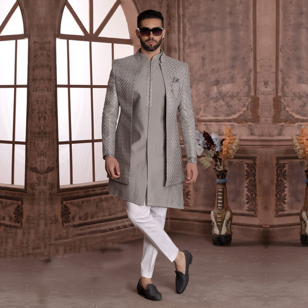 Slate Sophistication Grey Jacket Indowestern Set for Mens