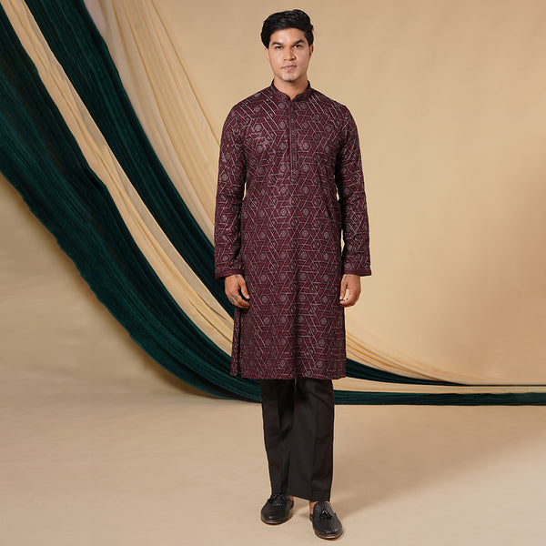 Wine Chinnon Black Zari ThreadWork Kurta Set