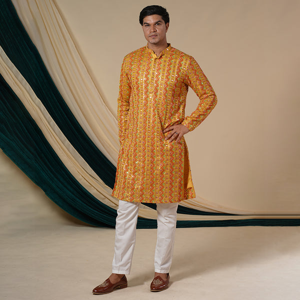 Yellow Georgette Multi-Colour Threadwork Kurta Set