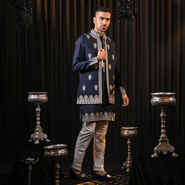 Festive Embroidery Navy Blue Silk Kurta Set with Jacket