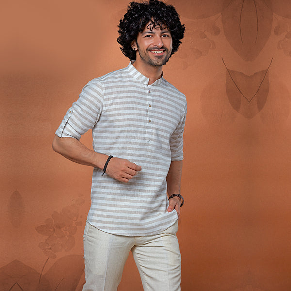 Striped Brown And White Printed Short Kurta