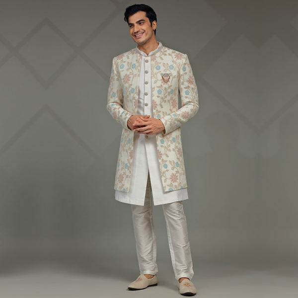 Frost  White Indowestern with Creamy Floral Embroidered  Men