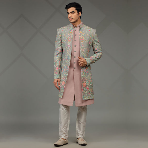 Charm Pink Indowestern with Floral Embroidered Jacket for Men