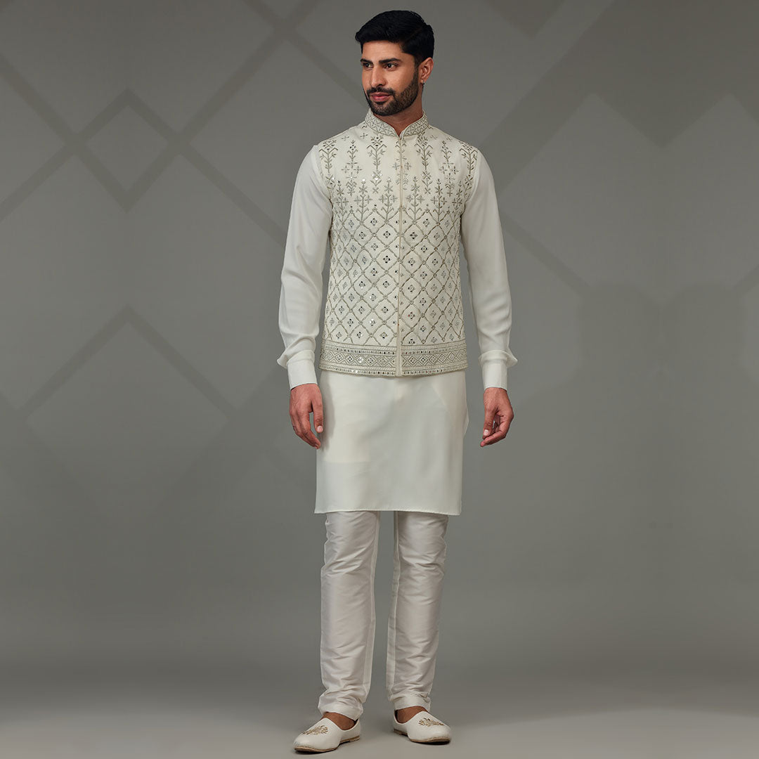 Buy Ivory White Embroidered Bandi Jacket Set In Cotton Silk