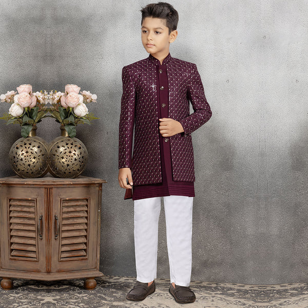 Classic Maroon Kurta Set For Boys With Sequinned Jacket