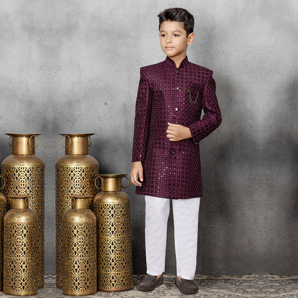 Deep Wine Indowestern Suit With Sequins For Boys