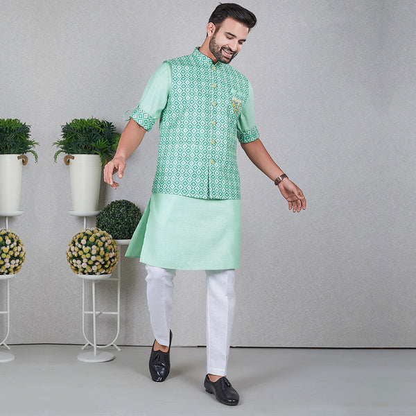 Verdant Grace  Green Kurta with Bandi Jacket Set