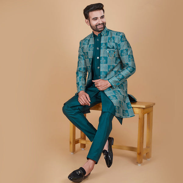 Azure  Blue Indo-Western Kurta with Designer Patch Jacket