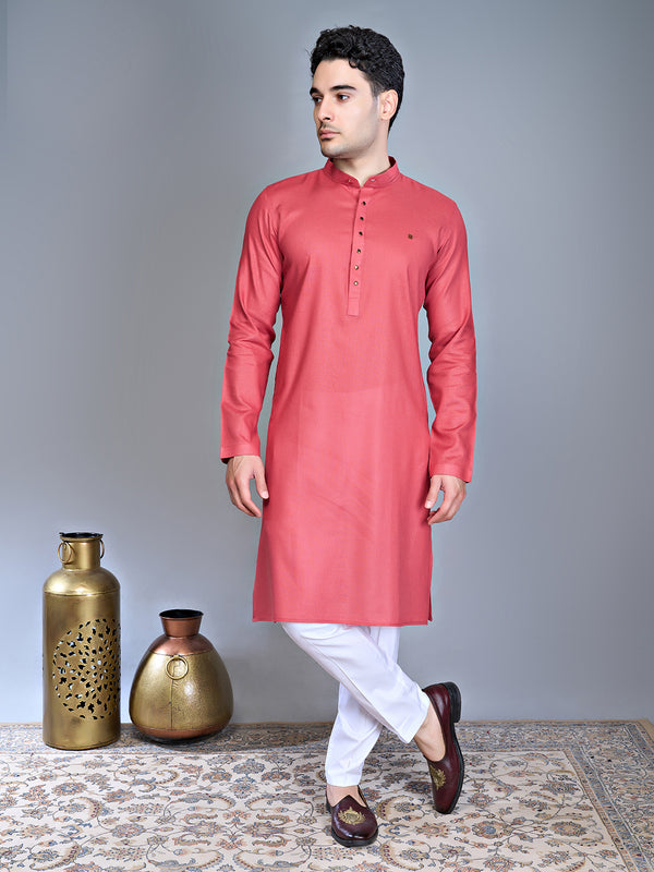 Men's Red Solid Silk Long Kurta with Pyjama's