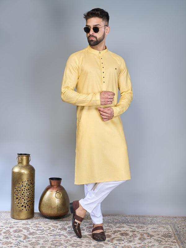 Mandarin Collar Light Yellow Solid Silk Kurta Set For Men