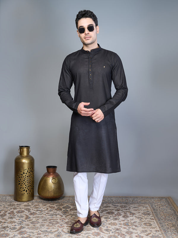 Solid Black Silk Kurta Set For Men