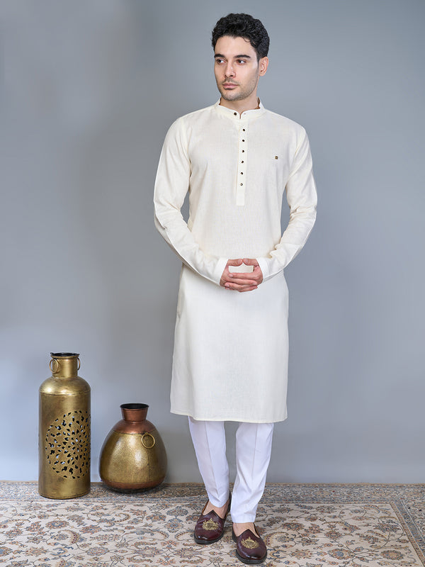 Men's Regular Fit Off-White Solid Silk Long Kurta Set