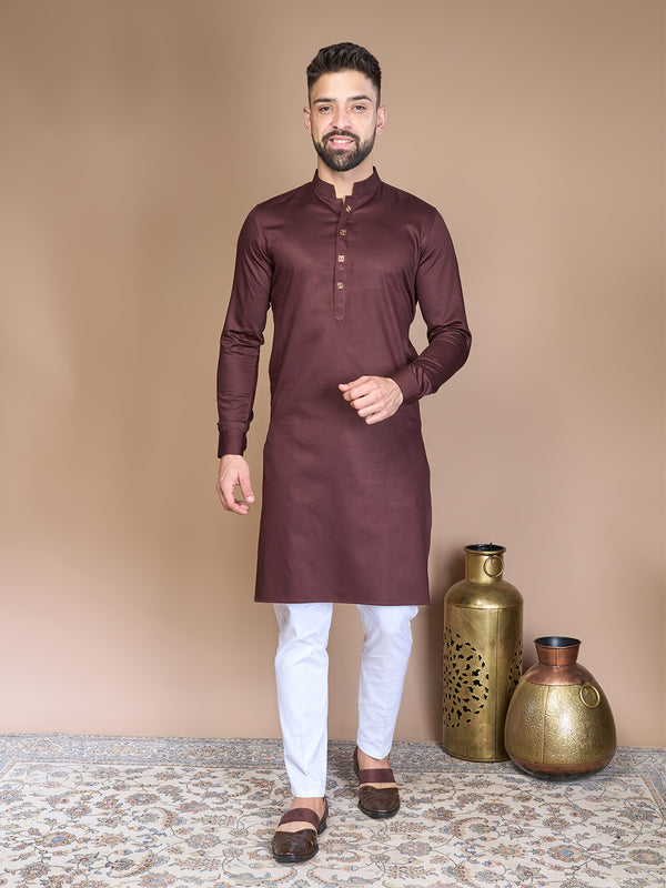 Men's Solid Silk Long Kurta Set in Chocolate Brown