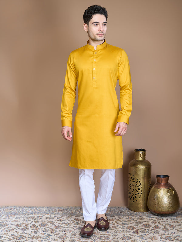 Designer Yellow Silk Kurta Set For Men