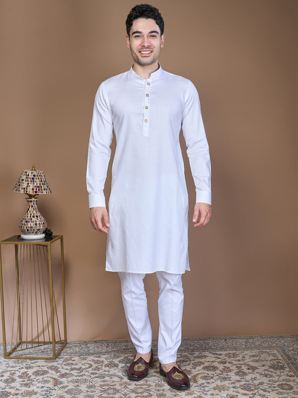 Pure White Silk Long Kurta Set For Men