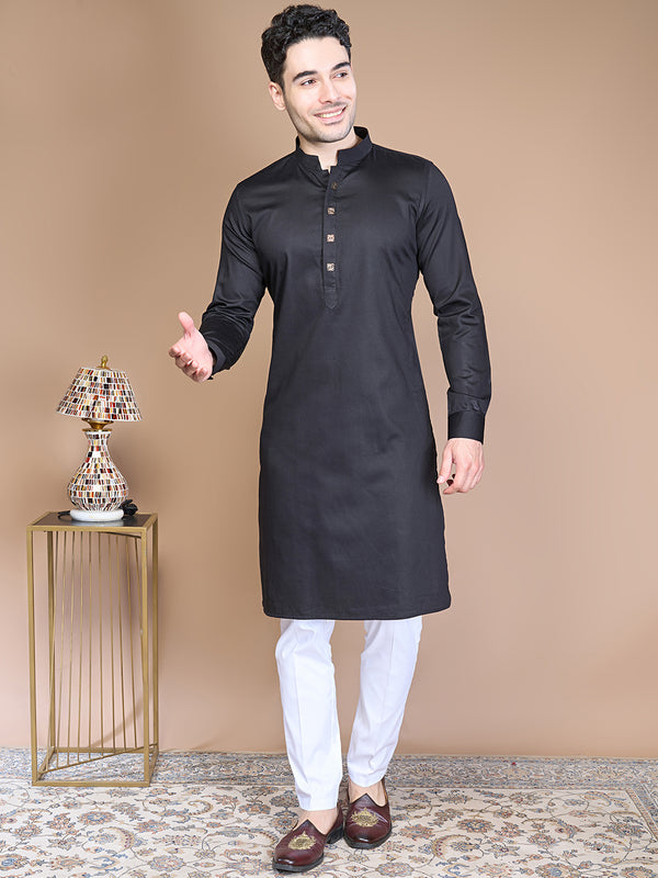 Men's Ethnic Wear Solid Black Silk Kurta Set