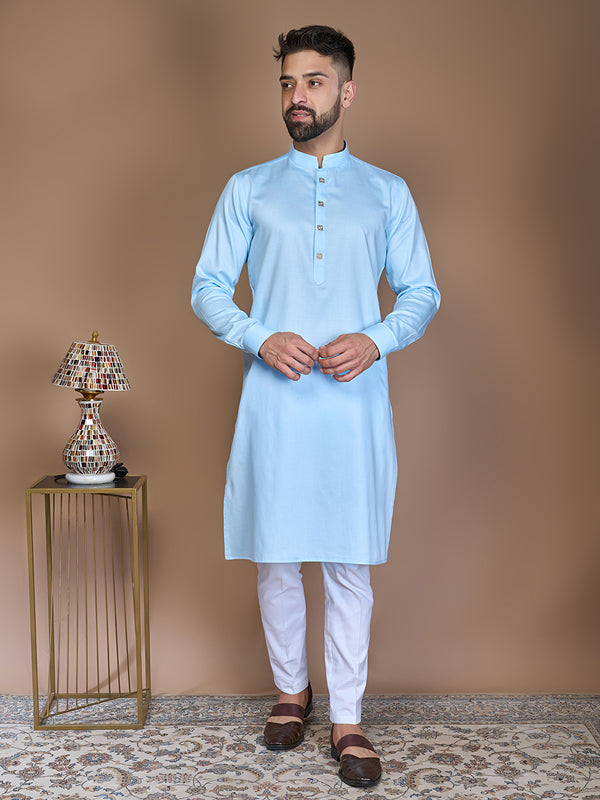 Light Blue Silk Kurta Set With Mandarin Collar