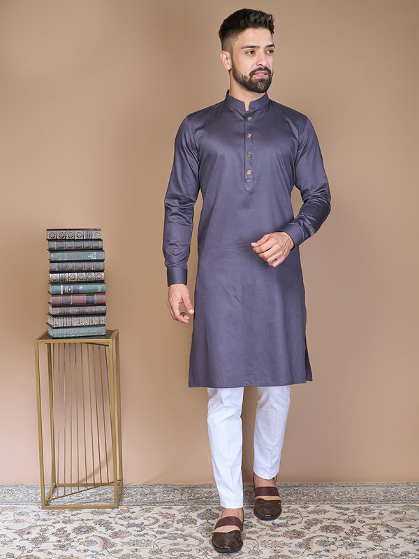 Party Wear Plain Grey Silk Kurta Set For Men