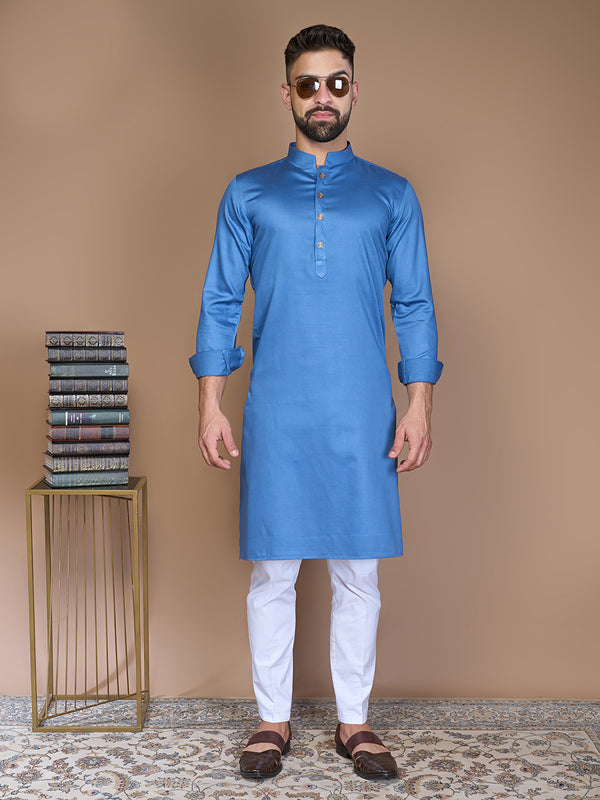 Designer Blue Long Kurta Set for Men In Silk Fabric