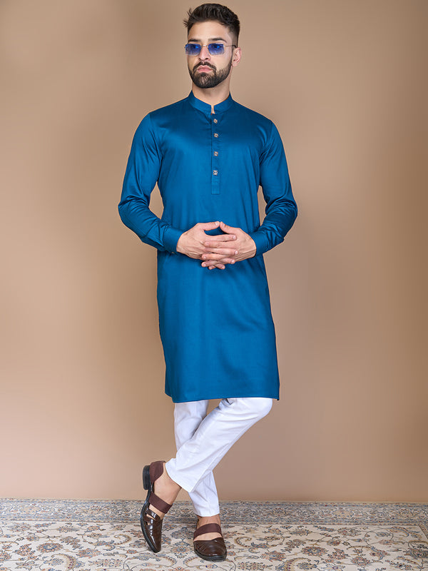 Solid Royal Blue Silk Kurta Set For Men