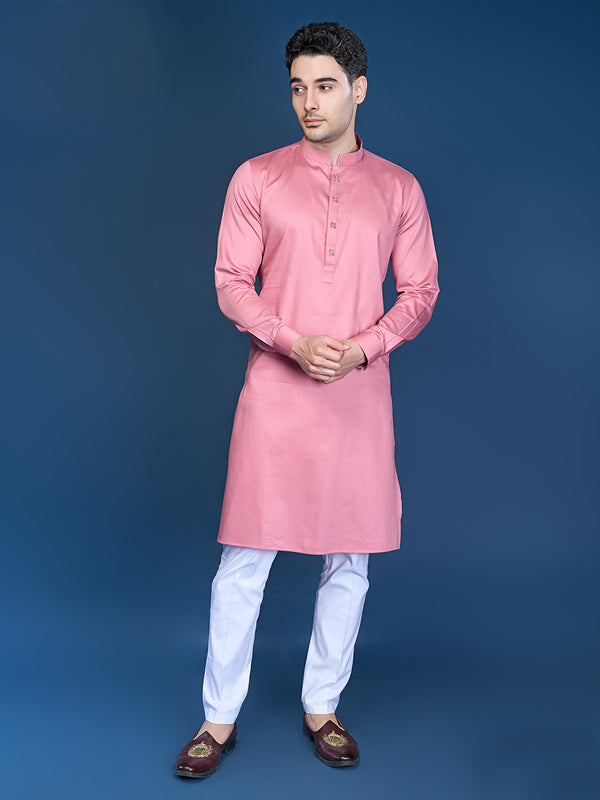 Trendy Pink Mandarin Collar Kurta Set For Men