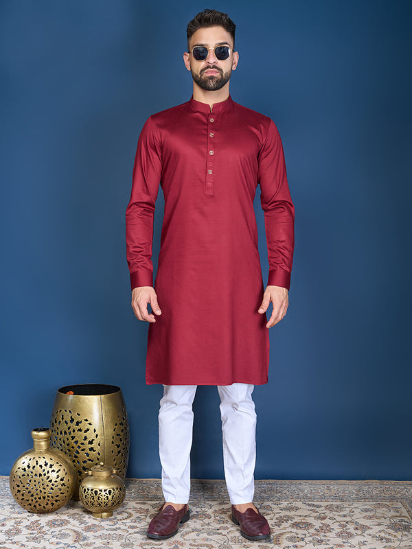 Deep Red Colour Men's Silk Kurta Set