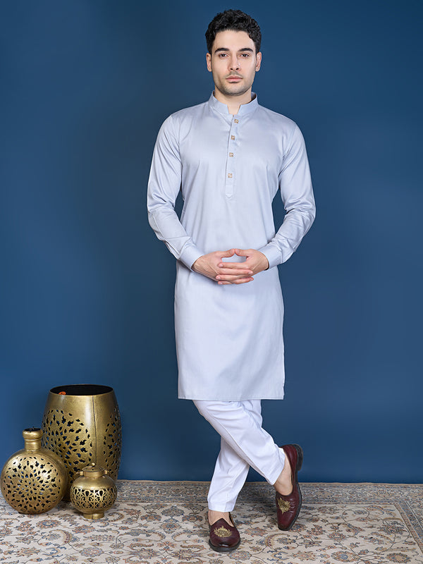 Light Grey Long Kurta Set for Men In Silk