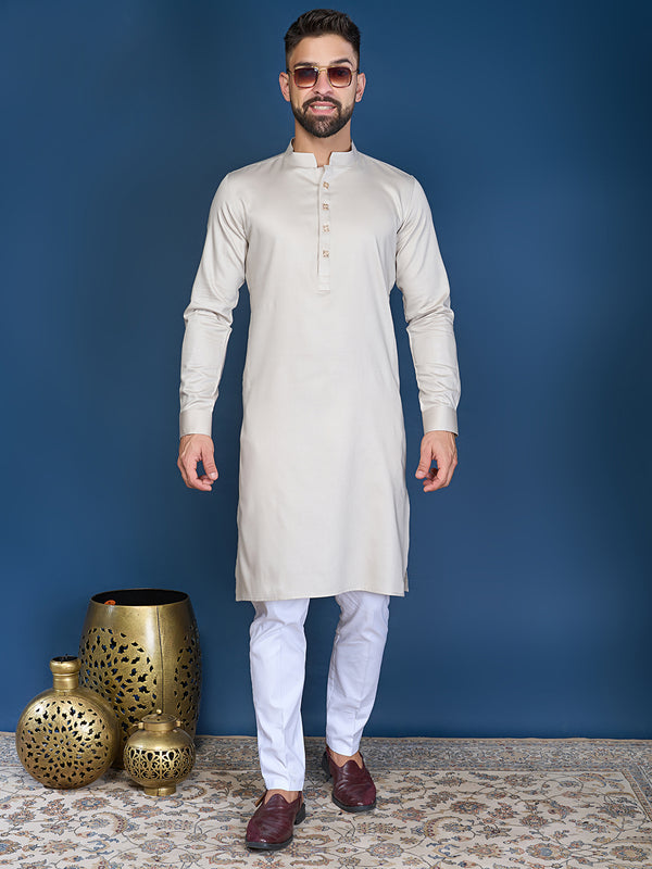 Off-White Silk Long Kurta Set With Mandarin Collar and Full Sleeves