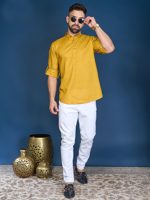 Silk Short Kurta for Men in Mustard Colour