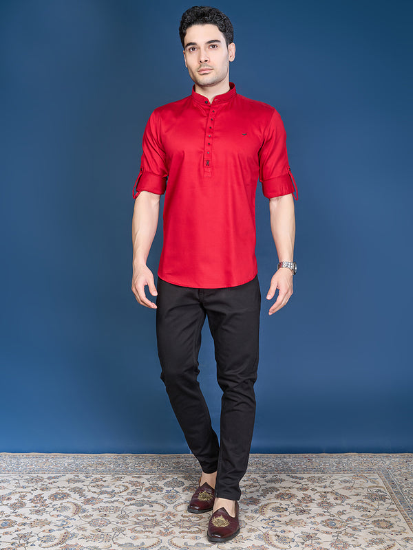 Majestic Red Casual Short Kurta In Silk Fabric